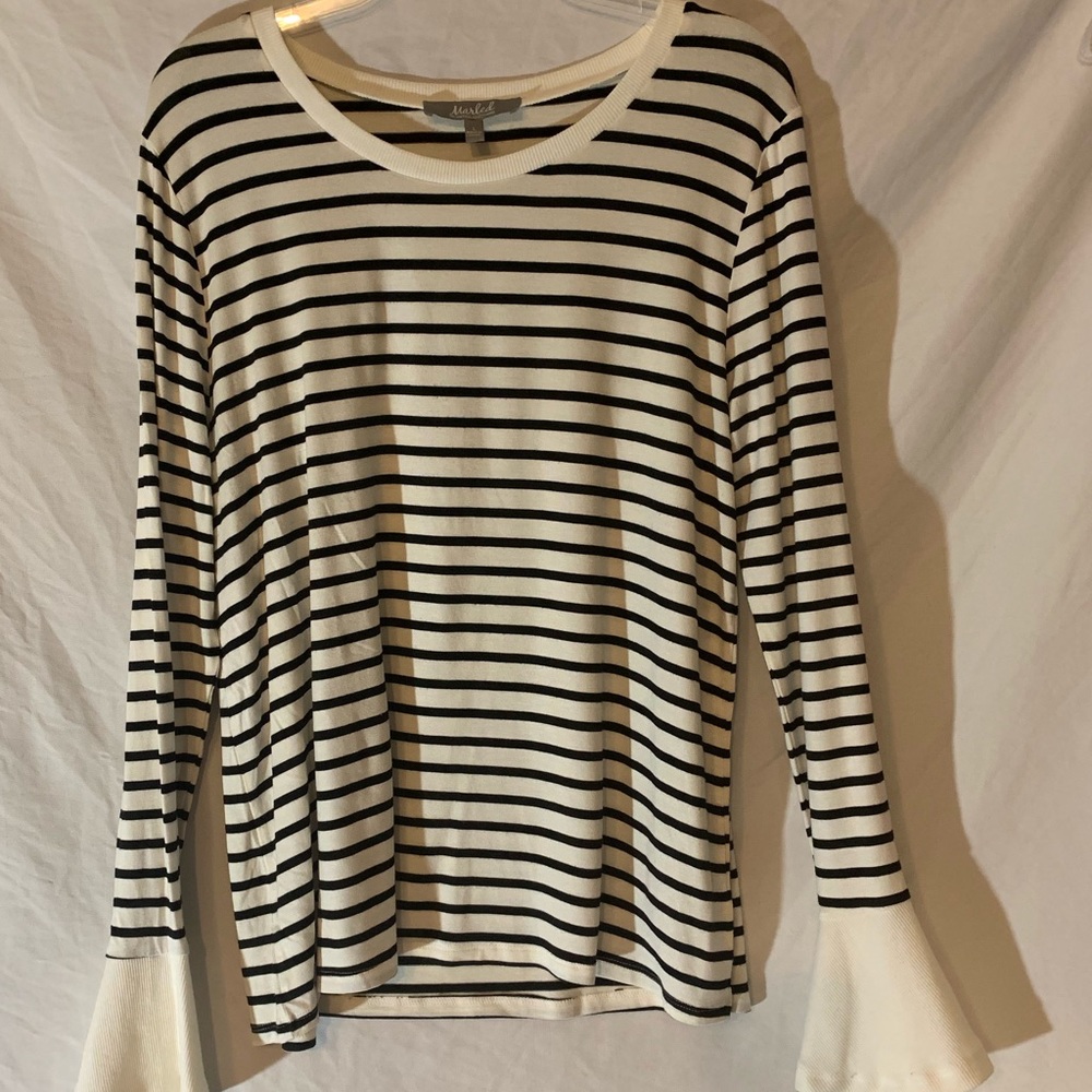 Marled long Sleeved Striped Shirt Bell Sleeves. L